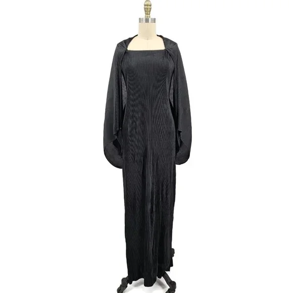VTG Issey Miyake Black Pleated Maxi Dress Size 4 Attached Jacket Sleeves - Picture 1 of 15